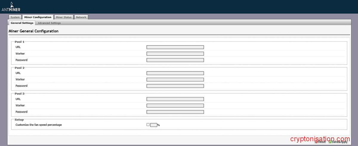 Zakładka General Settings w interfejsie koparki