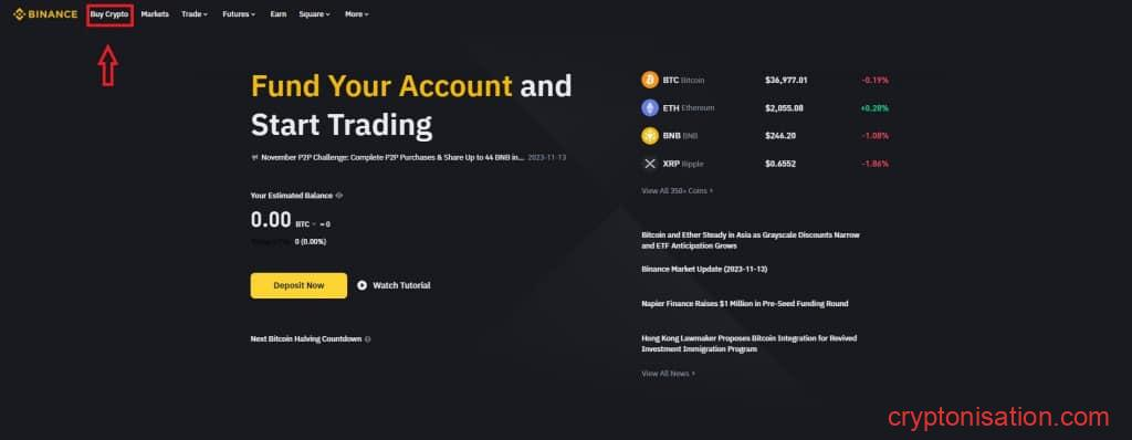 Buy Crypto na stronie głównej Binance