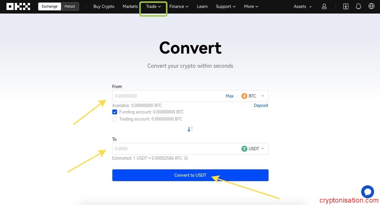 Konwersja kryptowalut w OKX