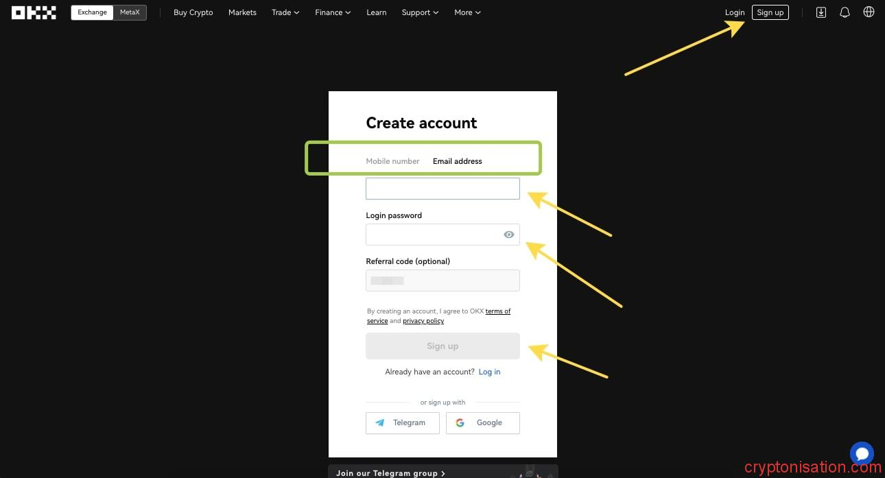 Zakładanie konta OKX przez e-mail