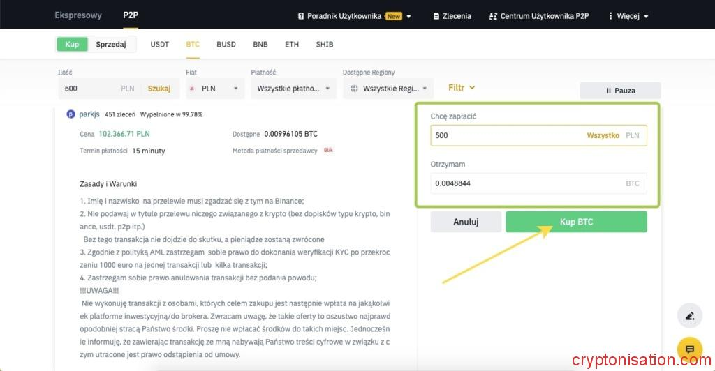 Tworzenie zlecenia na bezpośredni zakup BTC