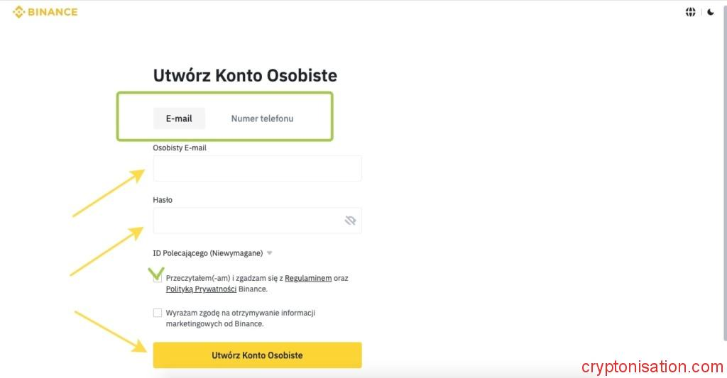 Formularz rejestracji konta osobistego na Binance