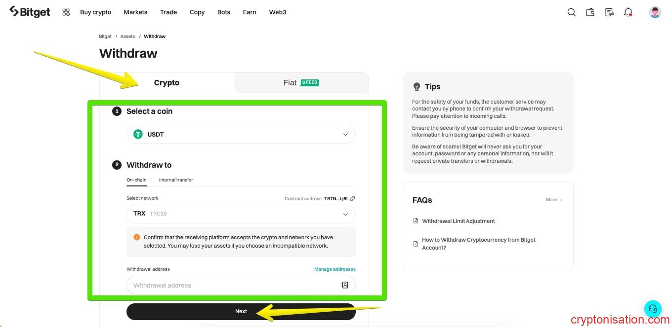 USDT çekme talebi oluşturma