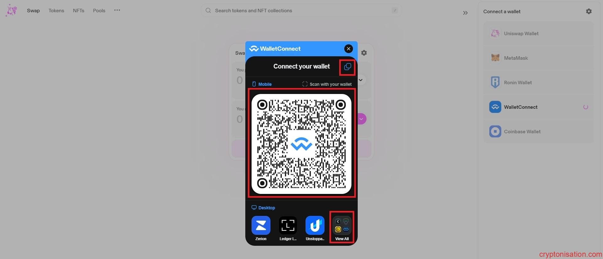 Wallet Connect penceresinin arayüzü