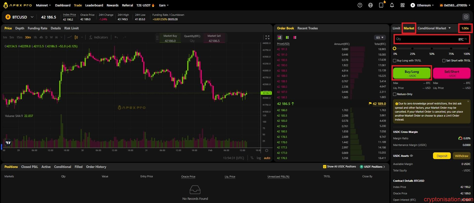 BTC/USDC futures'ı satın alma emri oluştururken doldurulması gereken alanlar