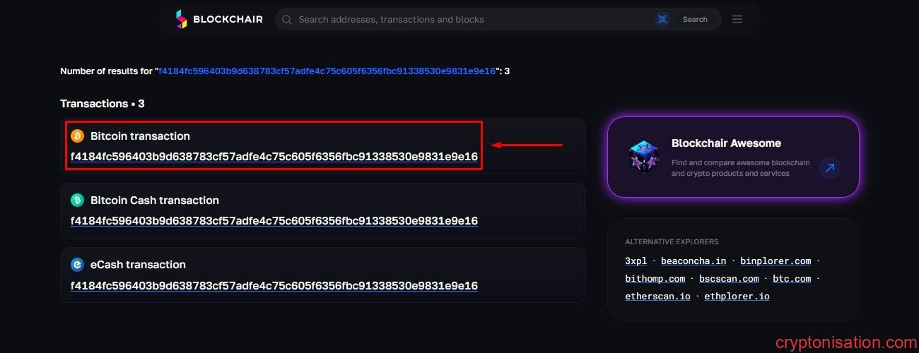 TxID sonuç listesi — Bitcoin (BTC) ağı seçilmeli