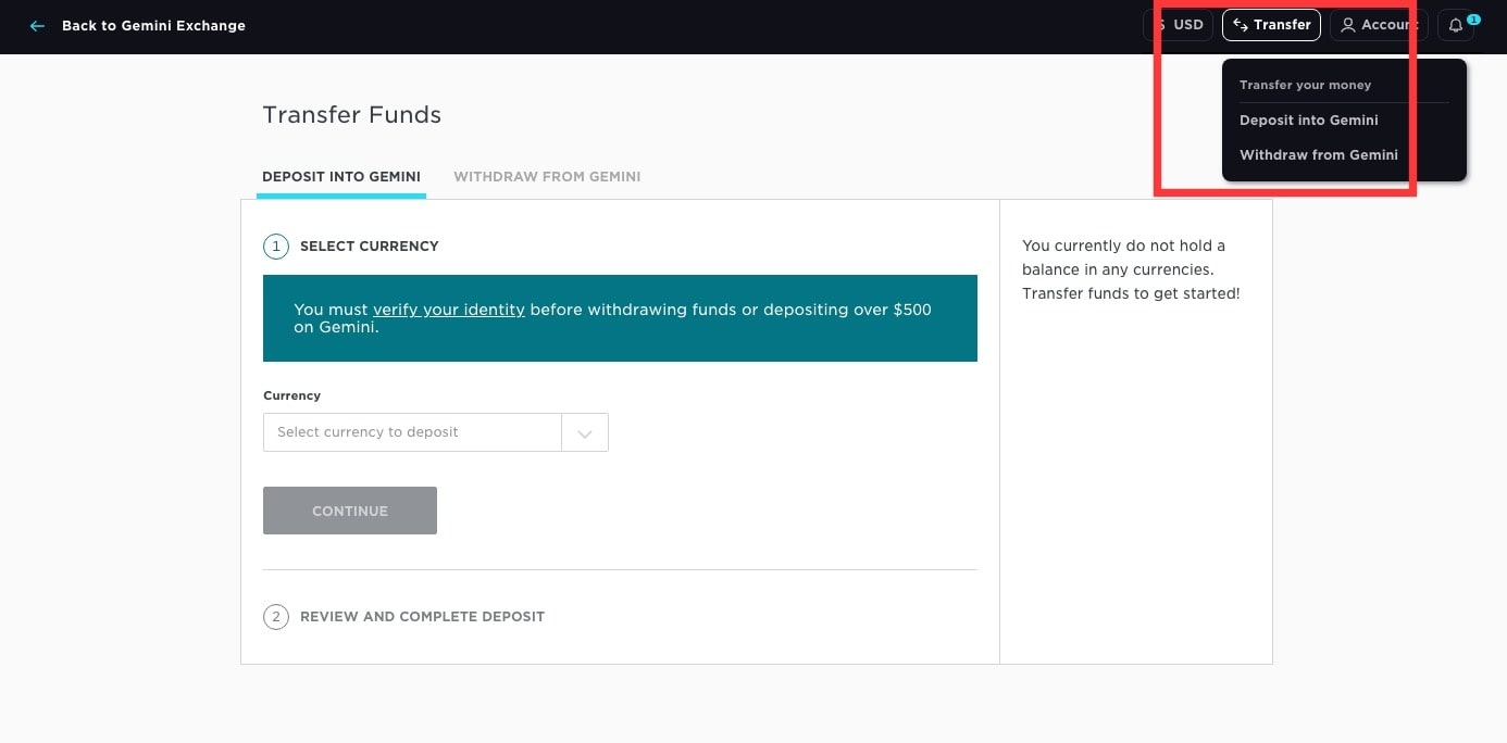 Пополнение счета на Gemini