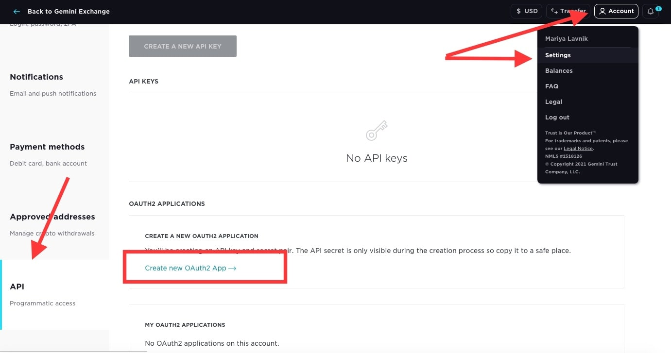 Создание ключа API