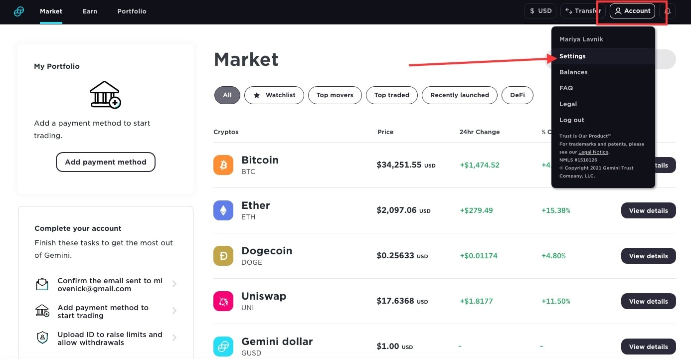 Включение 2FA в настройках