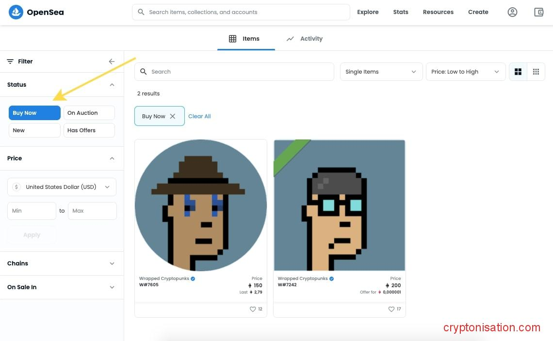 Раздел с Криптопанками на OpenSea