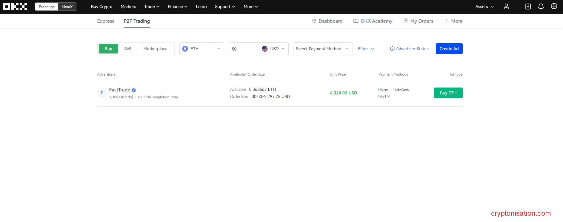 Покупка ETH на P2P-платформе биржи OKX