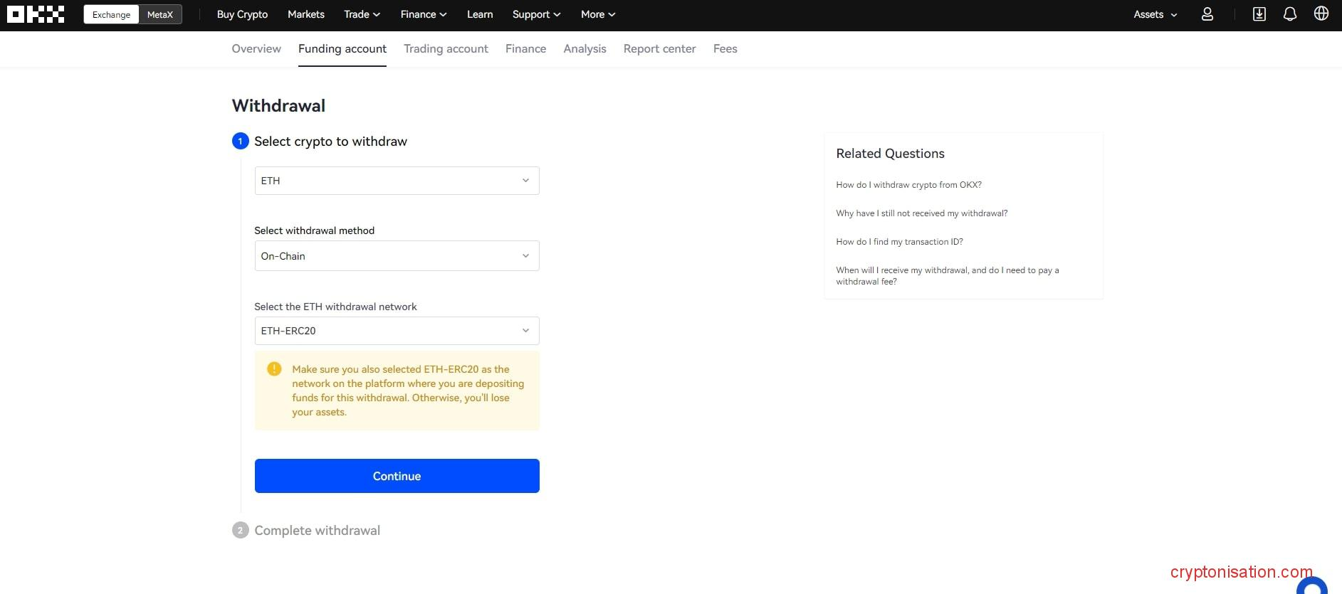 Окно вывода криптовалюты на OKX. Шаг 1