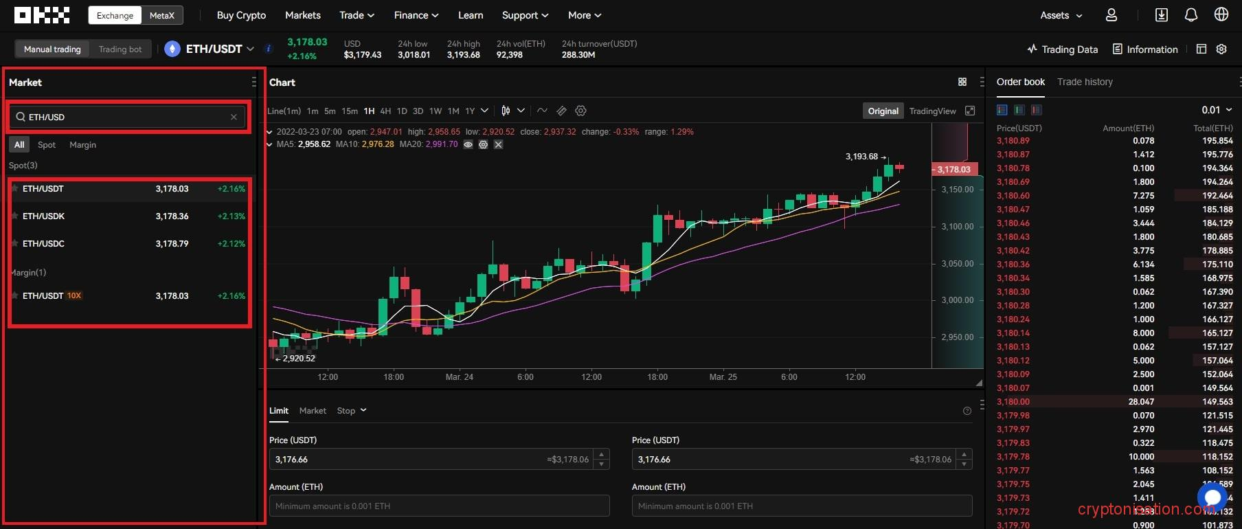 Выбор торговой пары ETH/USDT