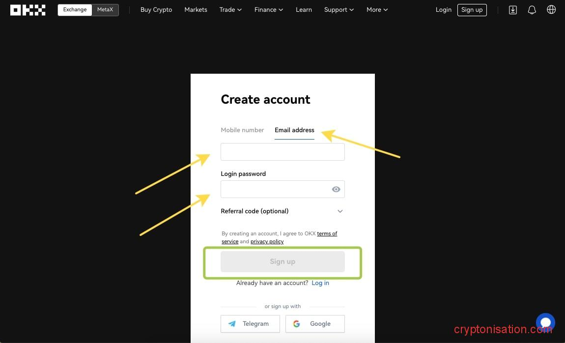 Регистрация на OKX по электронному адресу