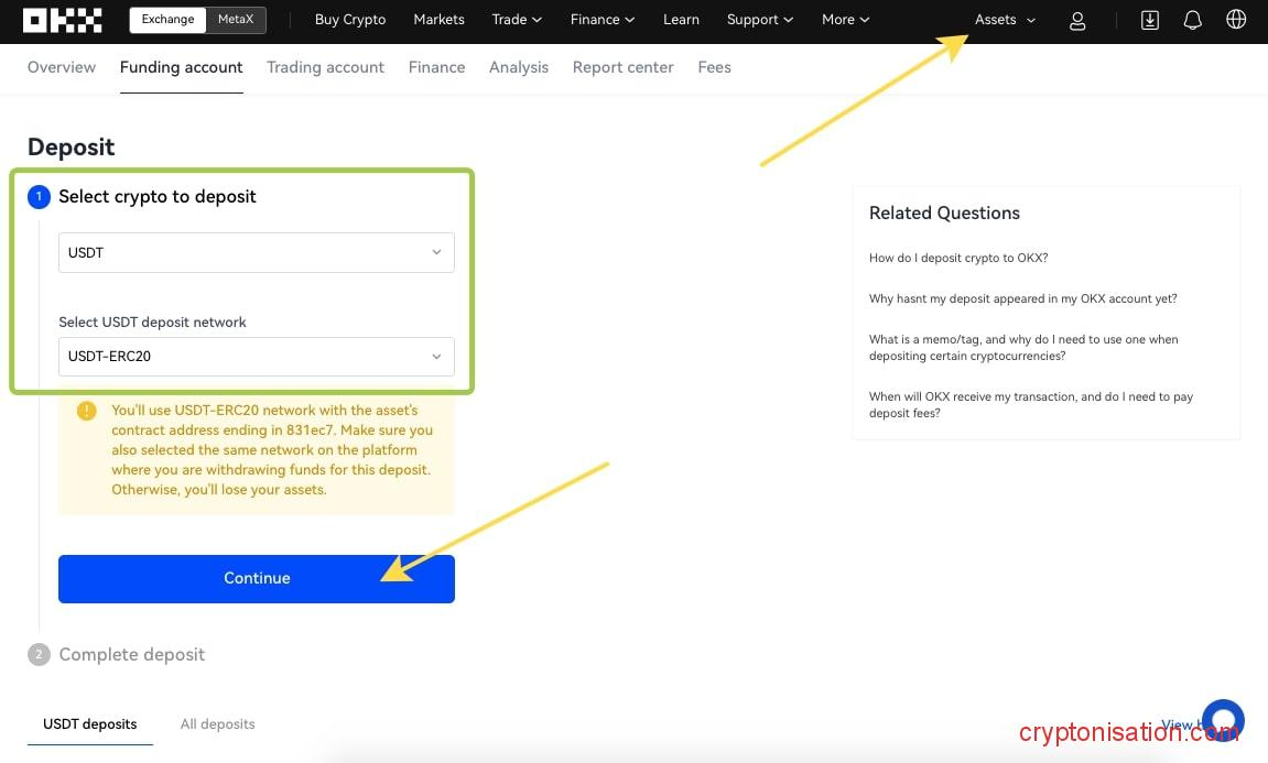 Как внести депозит в USDT