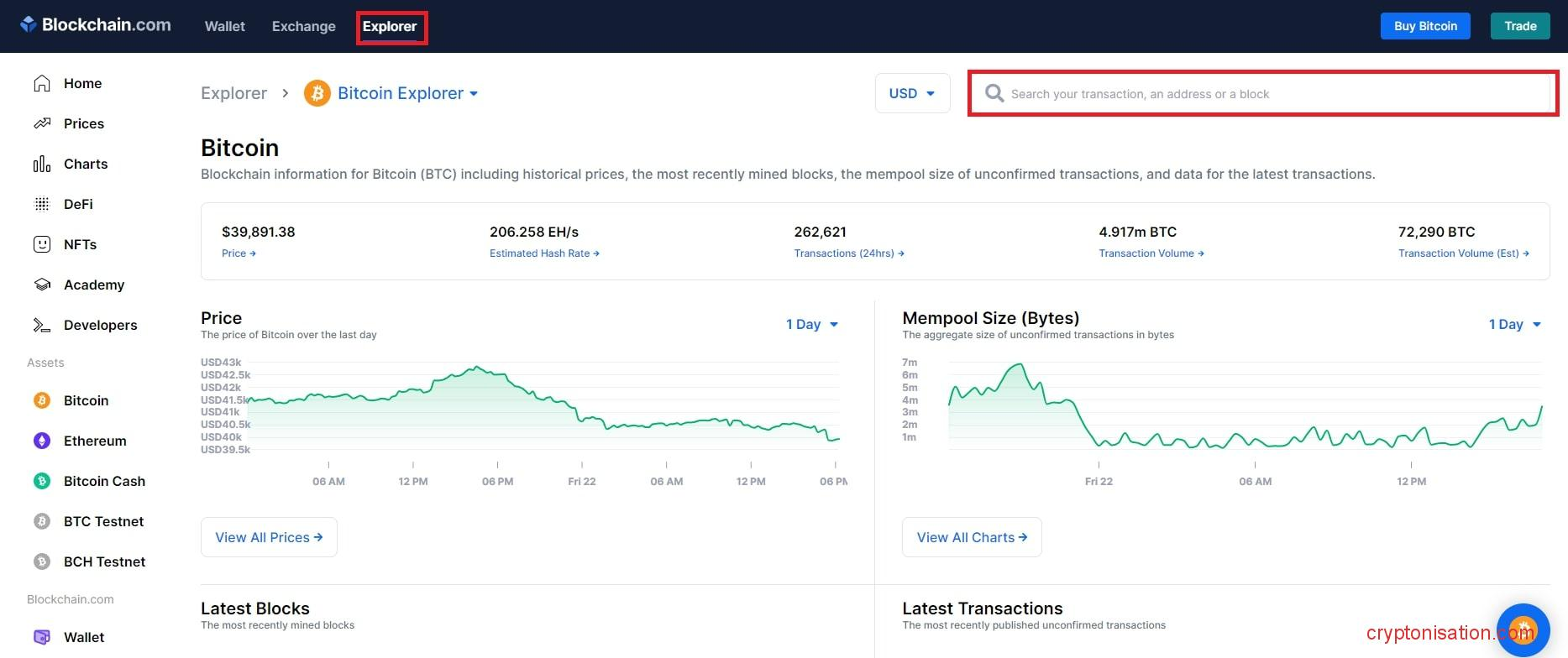 Страница Explorer сервиса blockchain.com