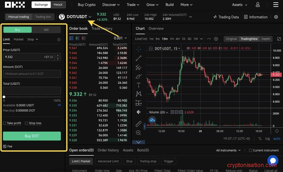 Покупка DOT за USDt на бирже OKX (OKEX)