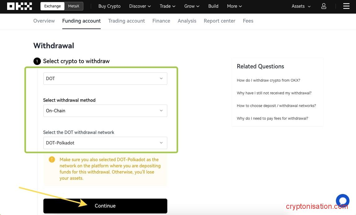 Вывод DOT с биржи OKX