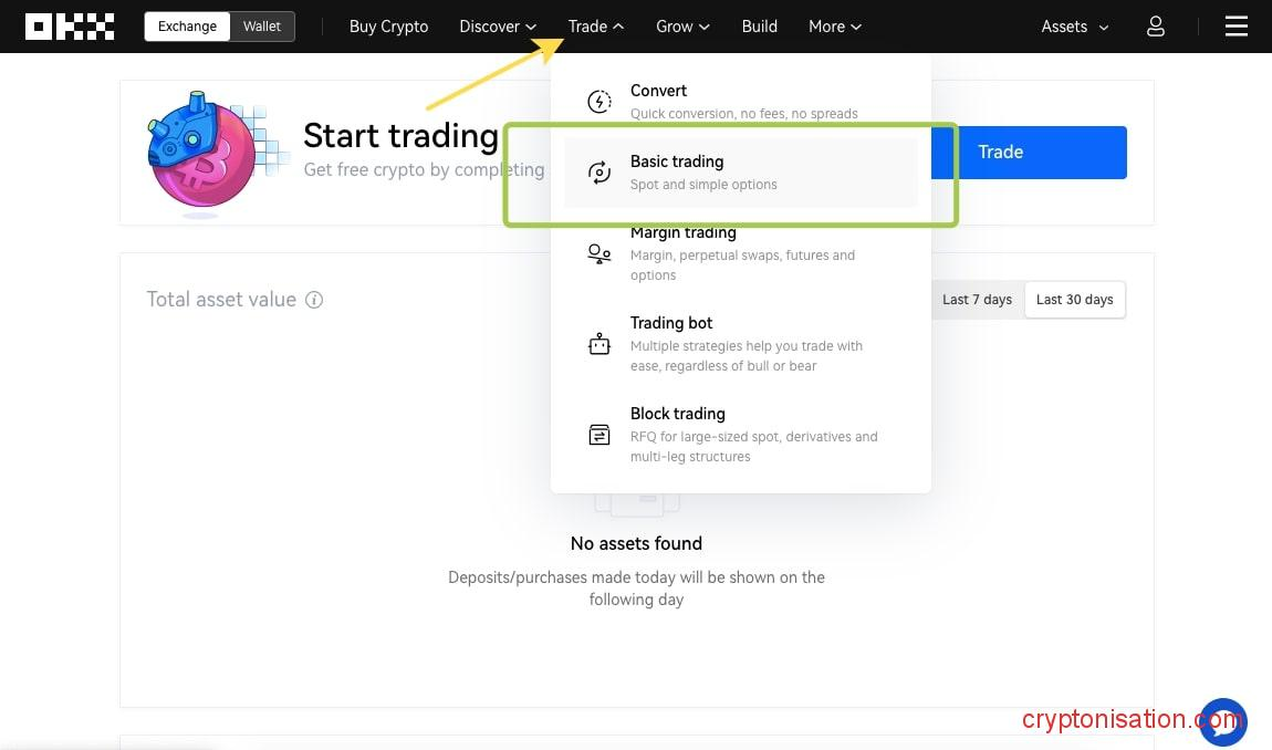 Торговля на спотовом рынке биржи OKX