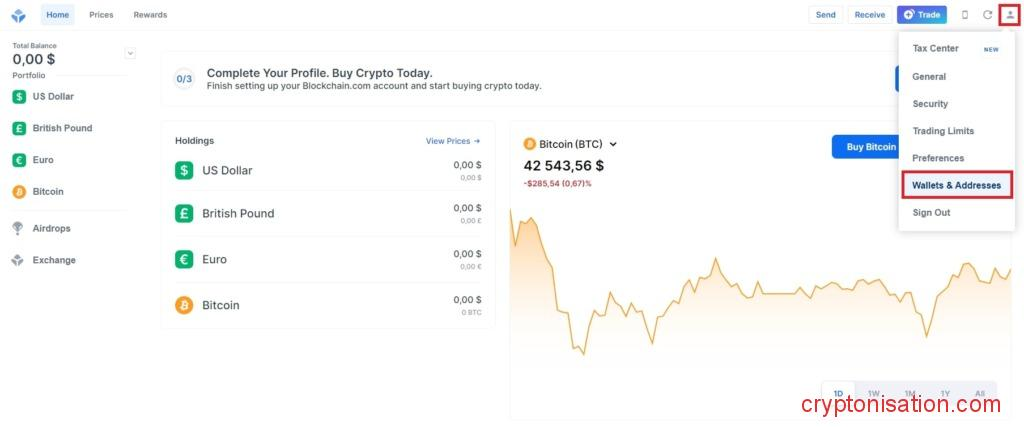 Главная страница аккаунта в Blockchain.com