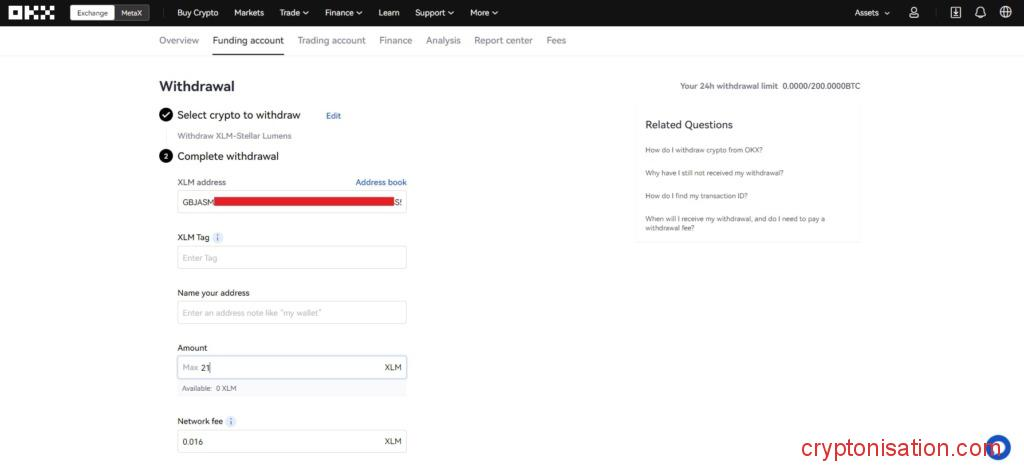 Данные, необходимые для вывода средств с OKX