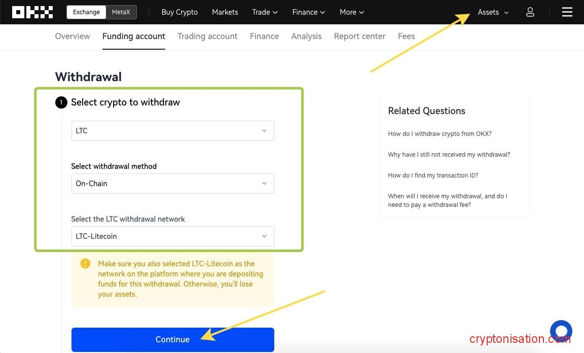 Как вывести Litecoin c биржи OKX (OKEX)