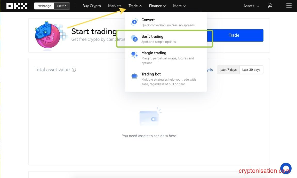 Выбор режима базовой торговли на OKX (OKEX)