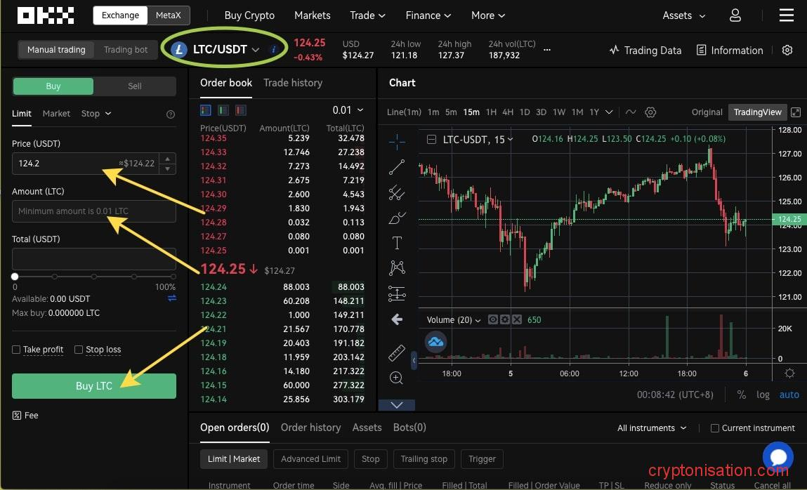 Как купить Litecoin за USDT на OKX (OKEX)