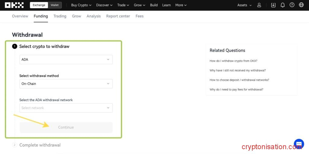 Вывод криптовалюты ADA с биржи OKX