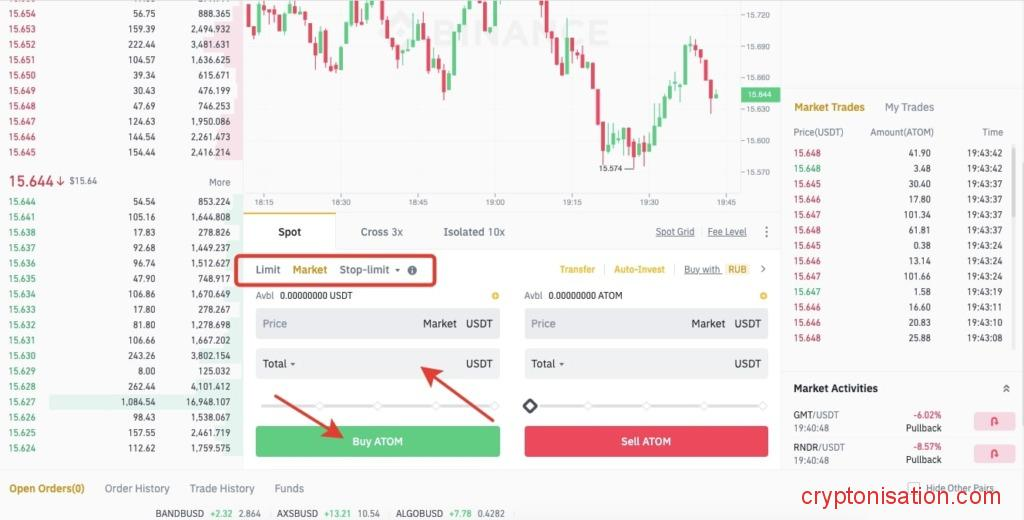 Market ордер на покупку ATOM за USDT