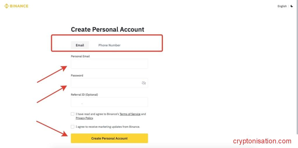 Регистрация на Бинансе по email