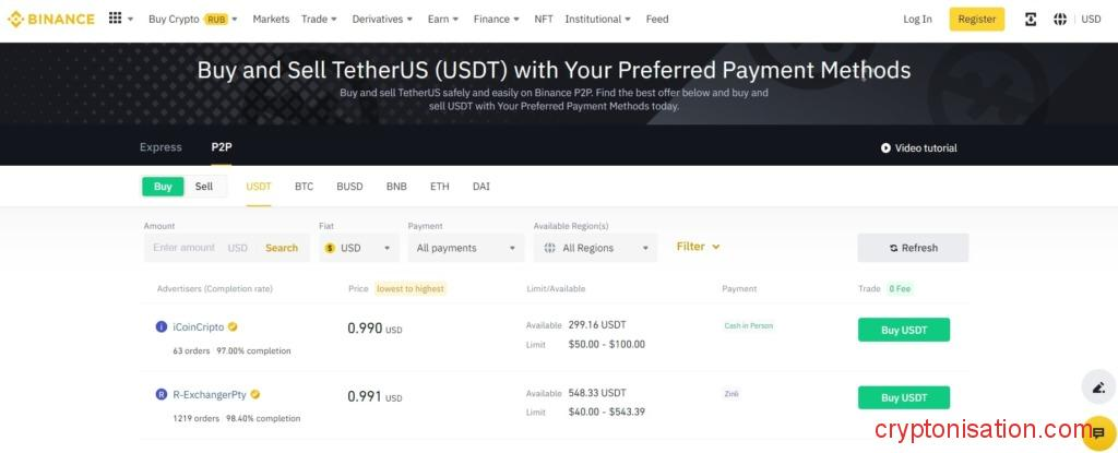 Страница сайта Binance P2P