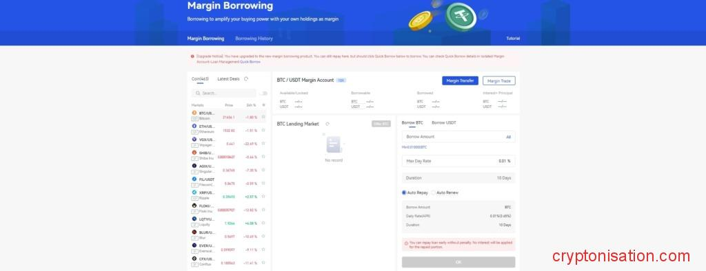 Página de Margin Borrowing