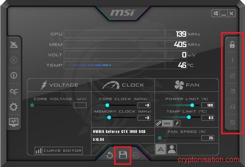 Профили в интерфейсе MSI Afterburner