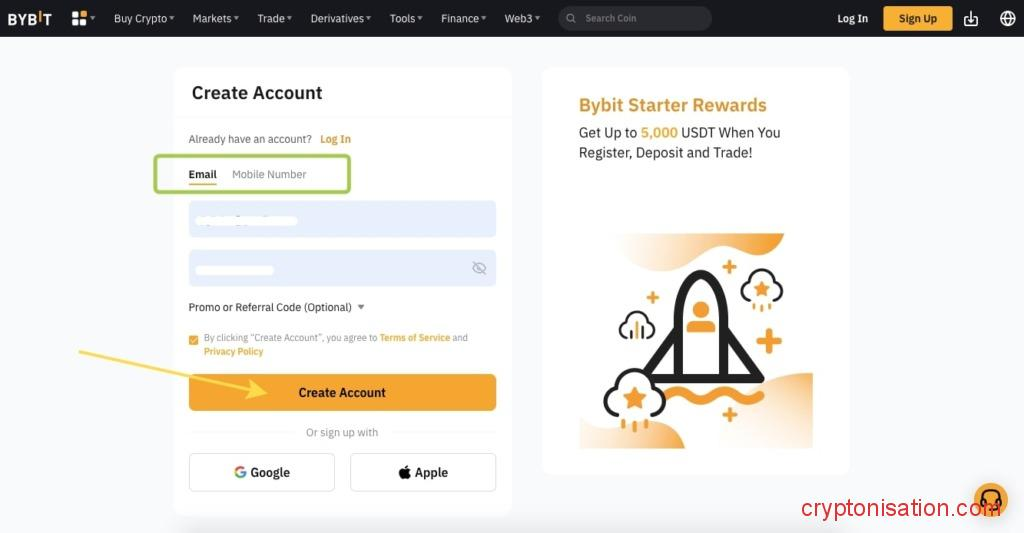 Форма регистрации на Bybit