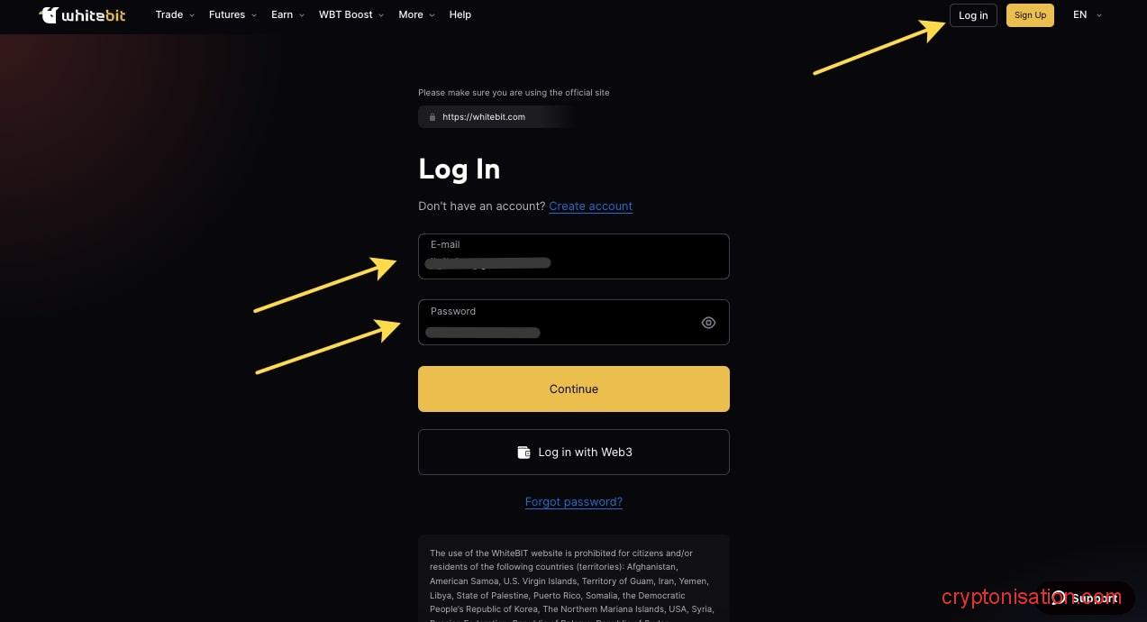 Вход в личный кабинет на WhiteBIT