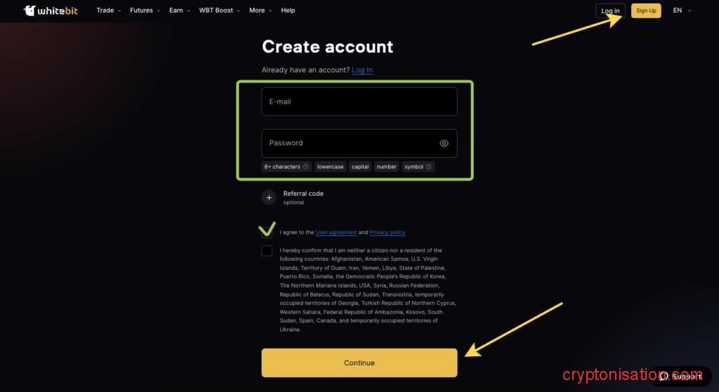 Регистрация на бирже WhiteBIT