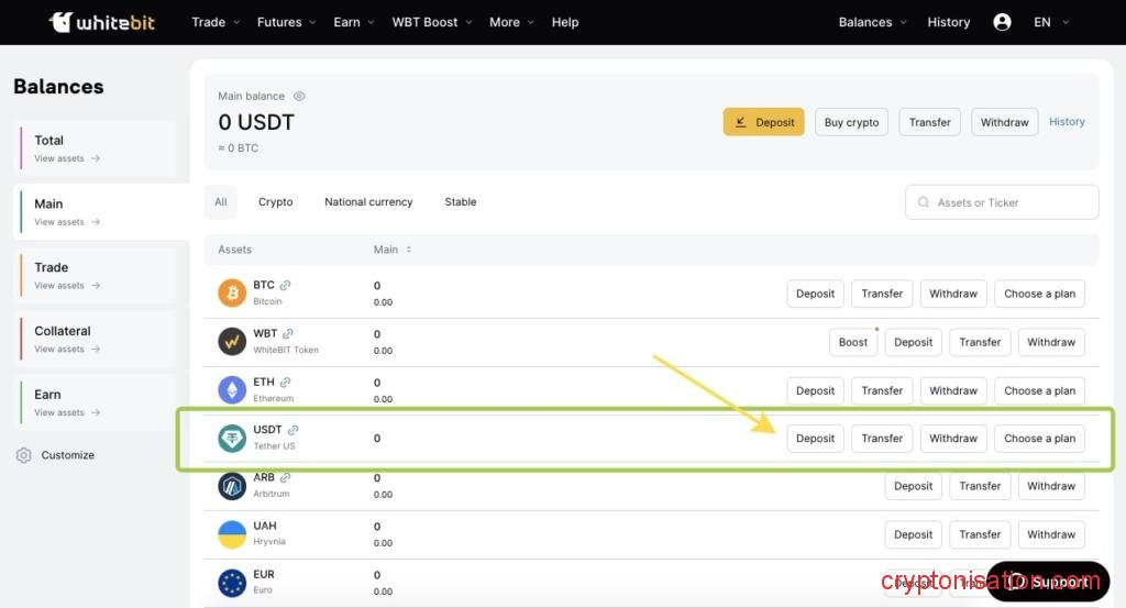 Ввод криптовалюты на WhiteBIT