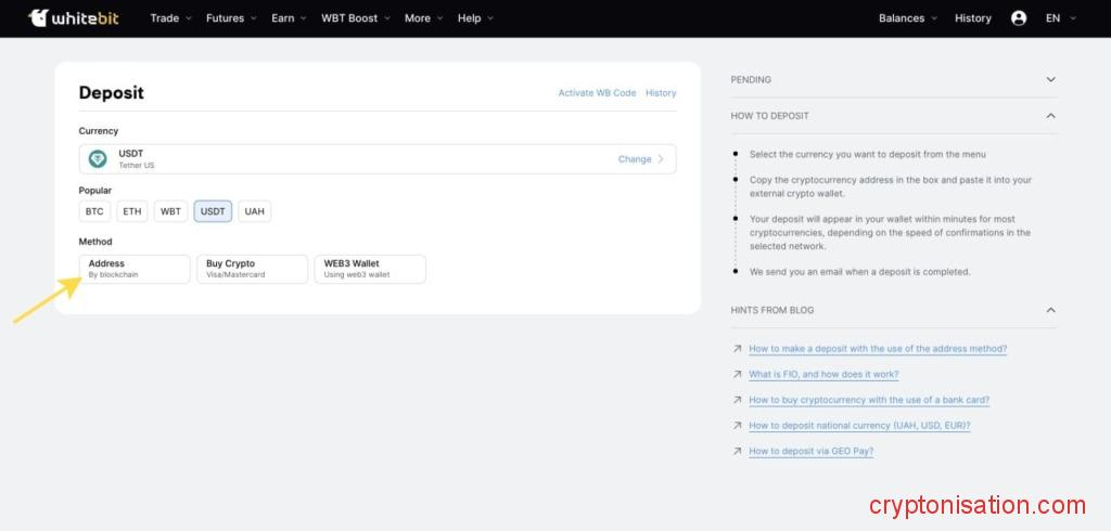 Выбор метода ввода криптовалюты