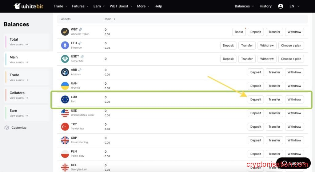 Ввод фиата на WhiteBIT