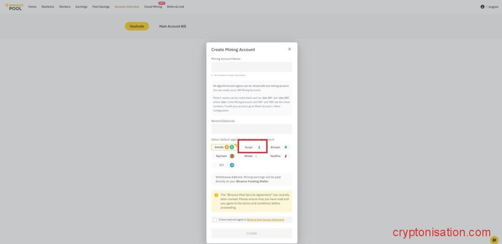 Окно создания аккаунта в Binance Pool