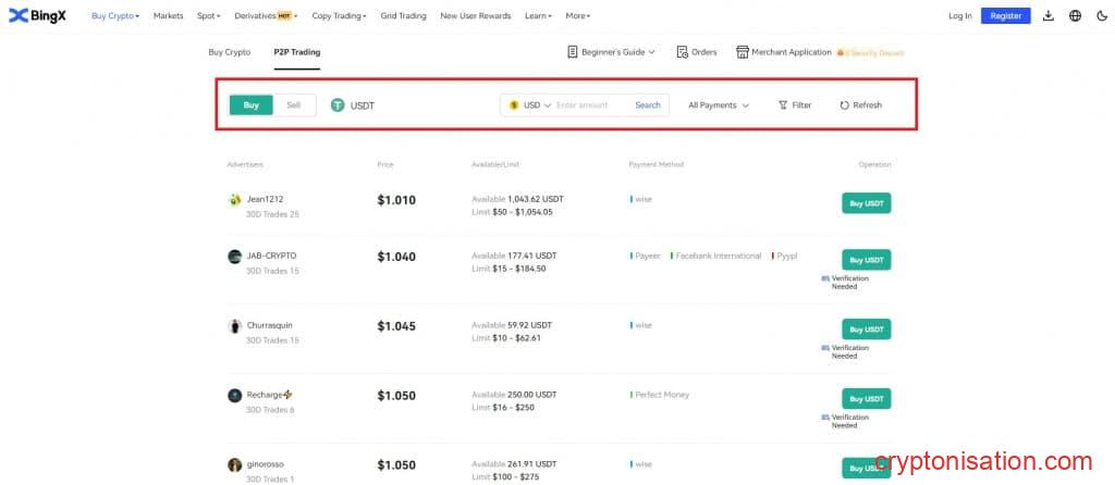 Покупка USDT на BingX P2P