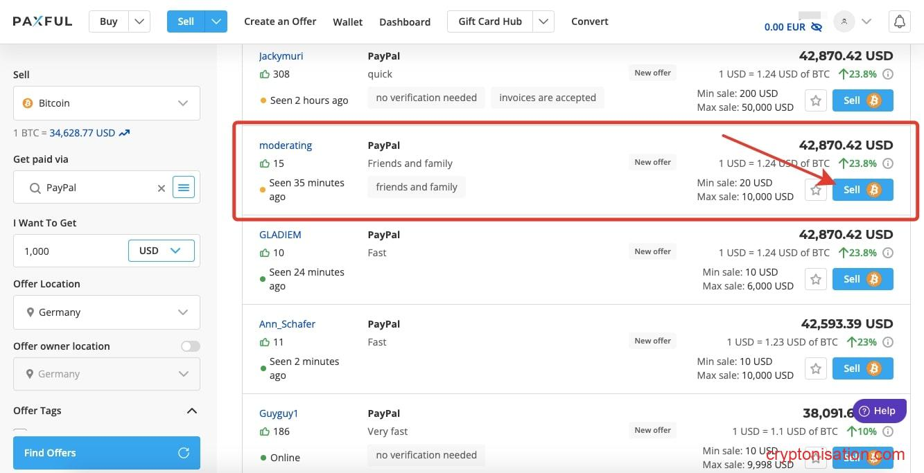 Список предложений от продавцов Биткоинов