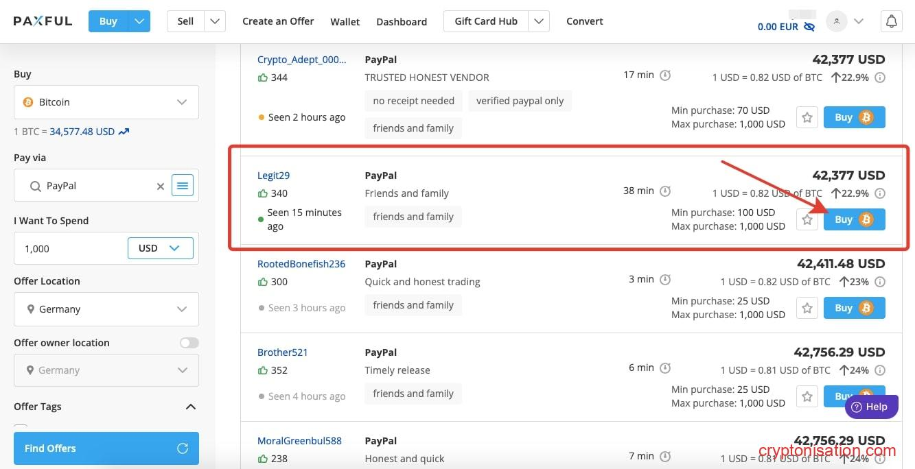 Список предложений от продавцов Биткоинов