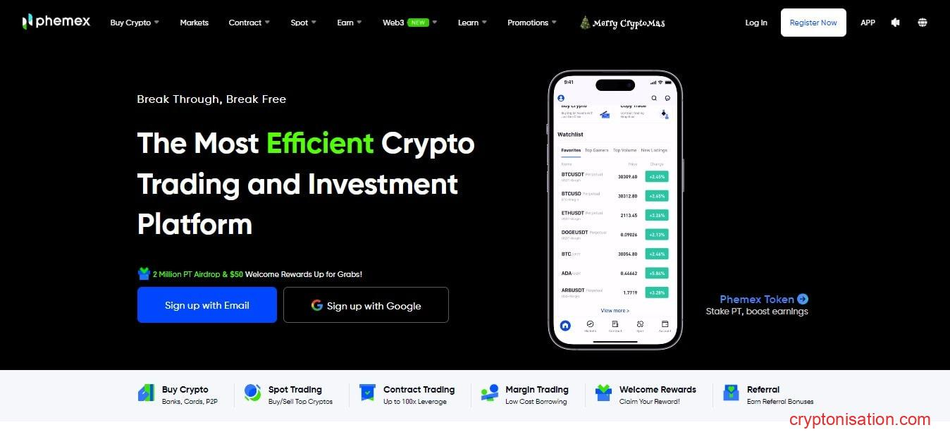 Стартовая страница биржи Phemex