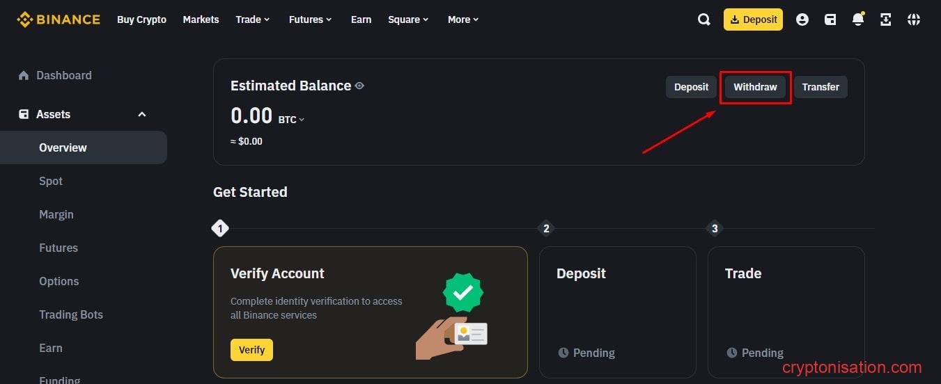 Переход в меню вывода средств (Withdraw)