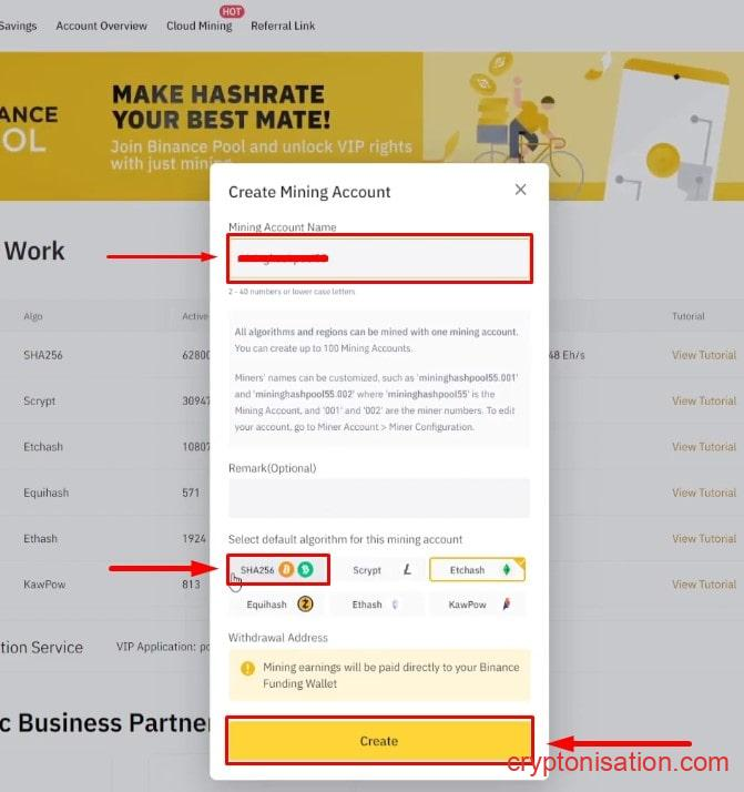 Форма создания майнинг-аккаунта