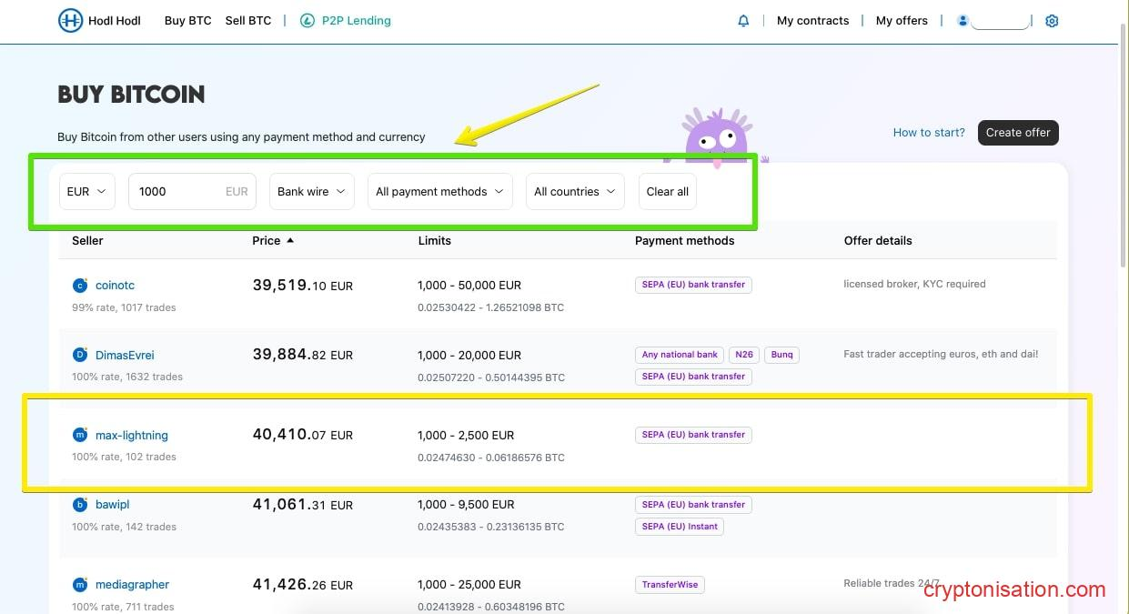 Seleccionando una oferta de los vendedores de BTC