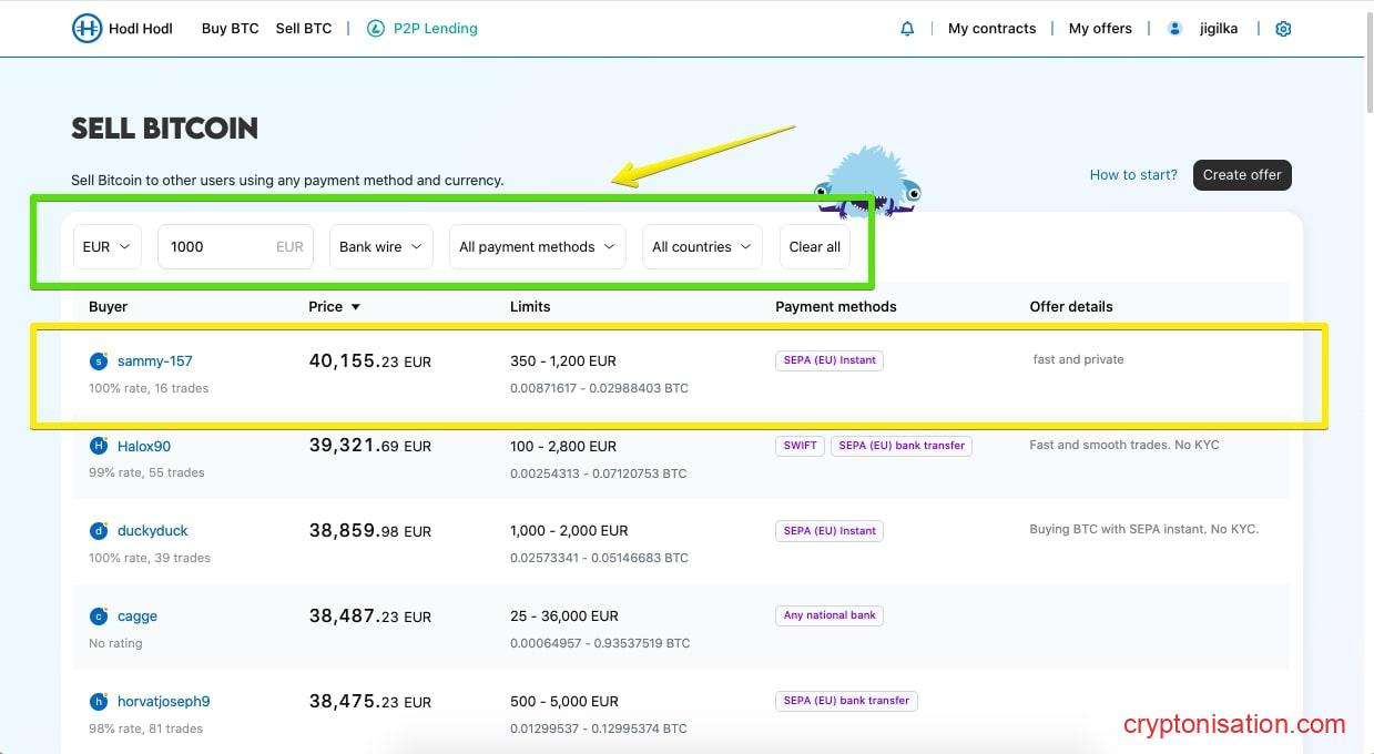 Selecciona una oferta de los compradores de BTC