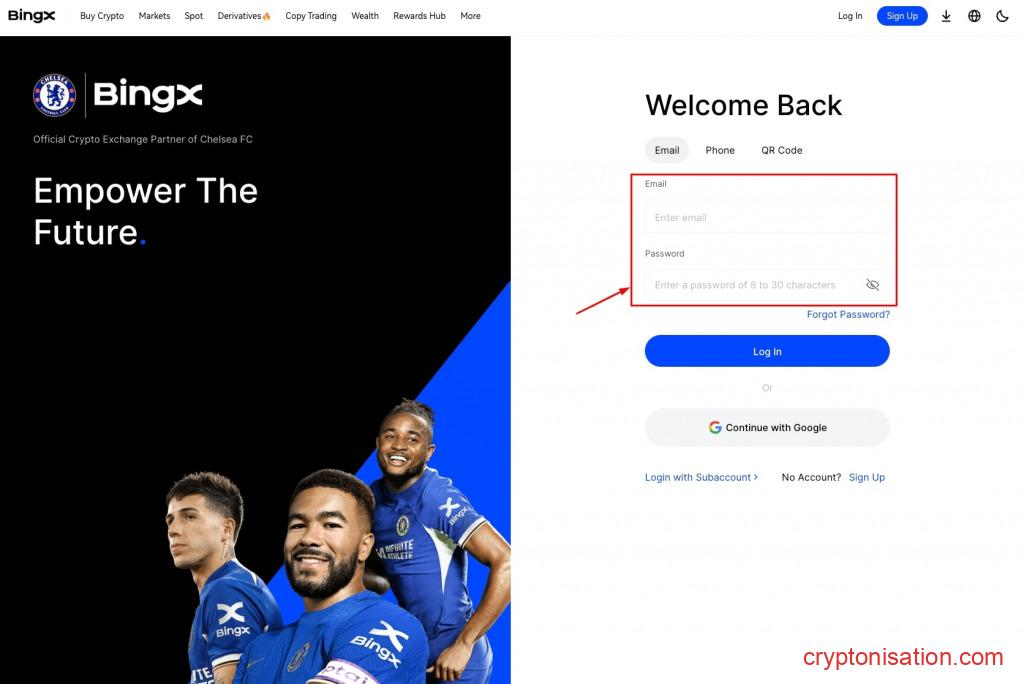 Ввод данных для входа в личный кабинет на BingX
